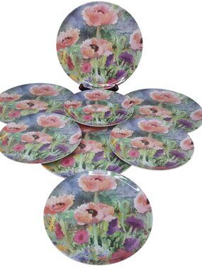 Judy Buswell Red Geranium Melamine Plates Set Of 8 Dinner & Salad Botanical